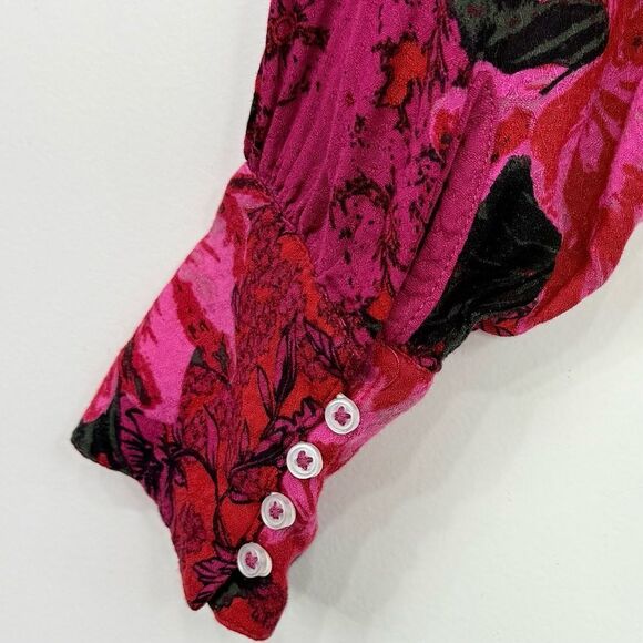Free People Mikayla Red Pink Floral Hook Closure Blouse  in Scarlett Combo - Picture 14 of 16